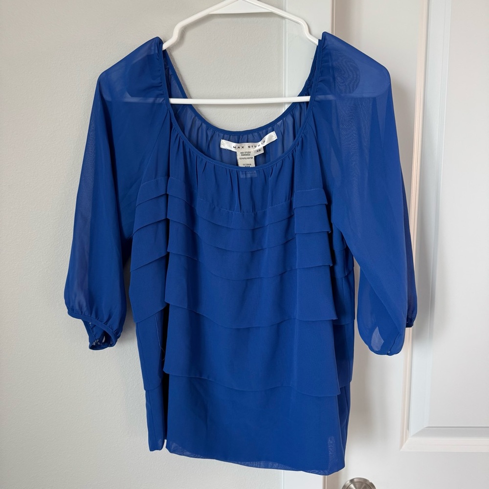NWT Max Studio Blouse Cobalt Blue Size XS Tiers Jewel Tone Sheer Office Casual